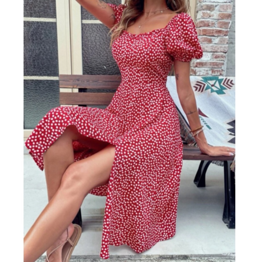 Boho polka dots puff sleeve slit thigh dress - Picture 14 of 16